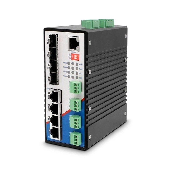 8-Port DIN-rail managed industrial Ethernet switch, with 4×100Mbps fiber ports and 4×100Mbps copper ports，and4-way serial ports