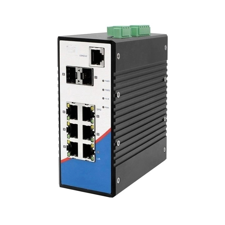 8-Port DIN-rail managed industrial Ethernet switch, with 2×100Mbps fiber ports, 6×100Mbps copper ports