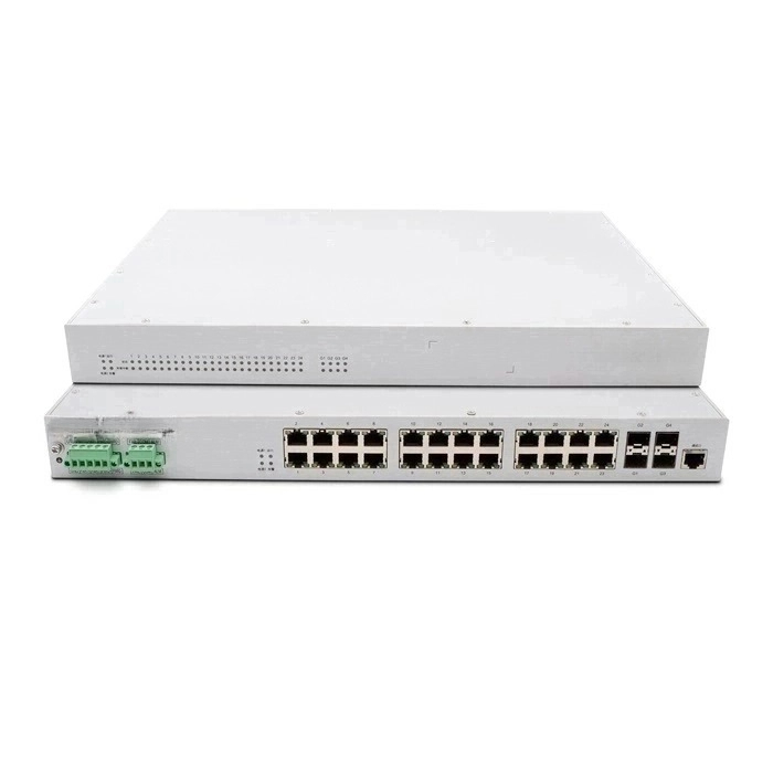 28-port managed Ethernet switch with 4 Gigabit optical ports, 24 100 Gigabit electrical ports